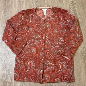 Womens Angora Wool Blend Cardigan Sweater Paisley Red Brown Size L​
